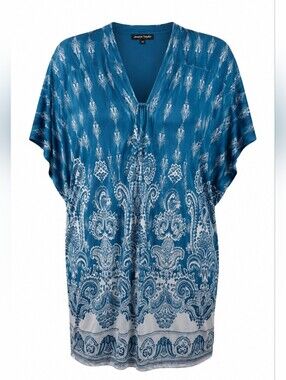 Jessica Taylor 1X Blue Paisley Tunic Top  V-Neck Tie Front Beach Cover-Up